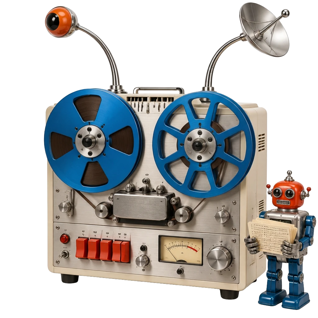 A blue reel-to-reel marketing machine with an eyeball antenna, satellite scanner and punch-card robot