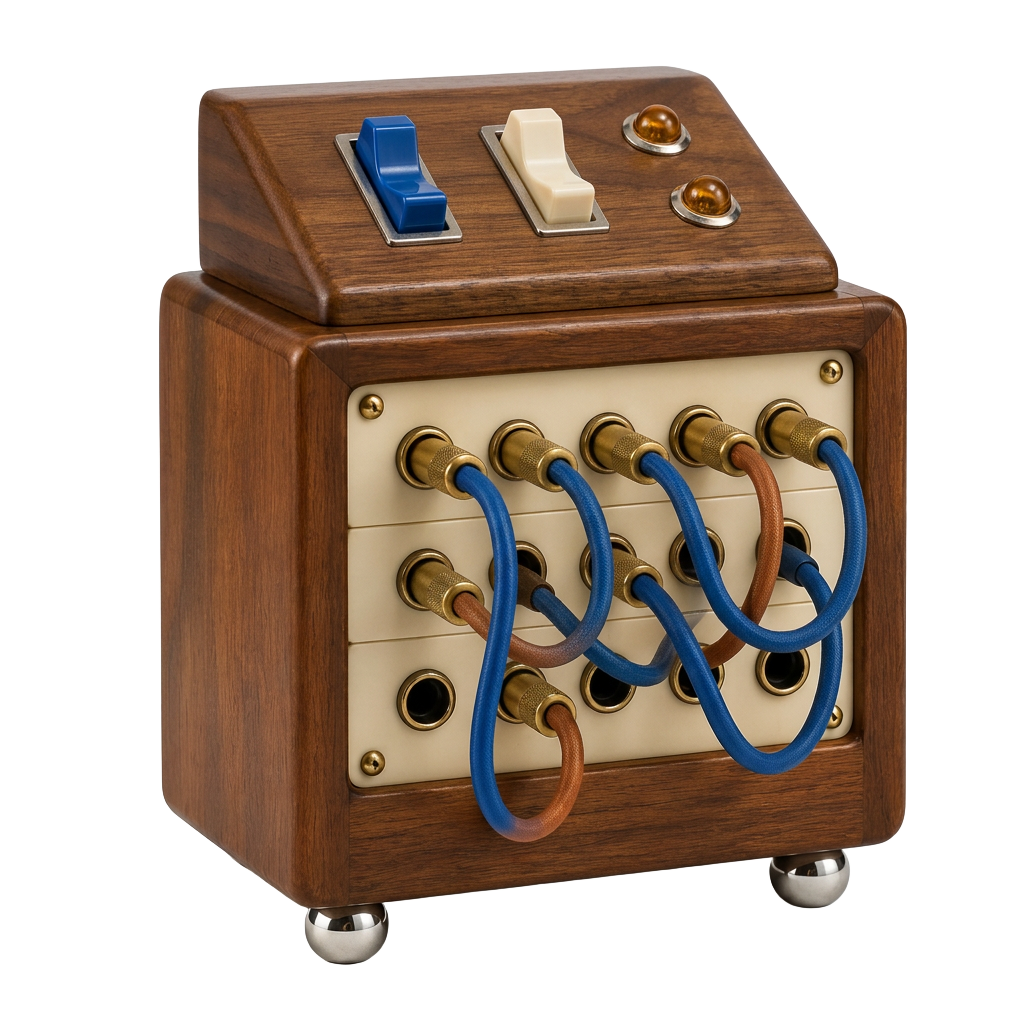 A miniature walnut switchboard with blue and brown patch cables, chunky switches and amber signal lamps